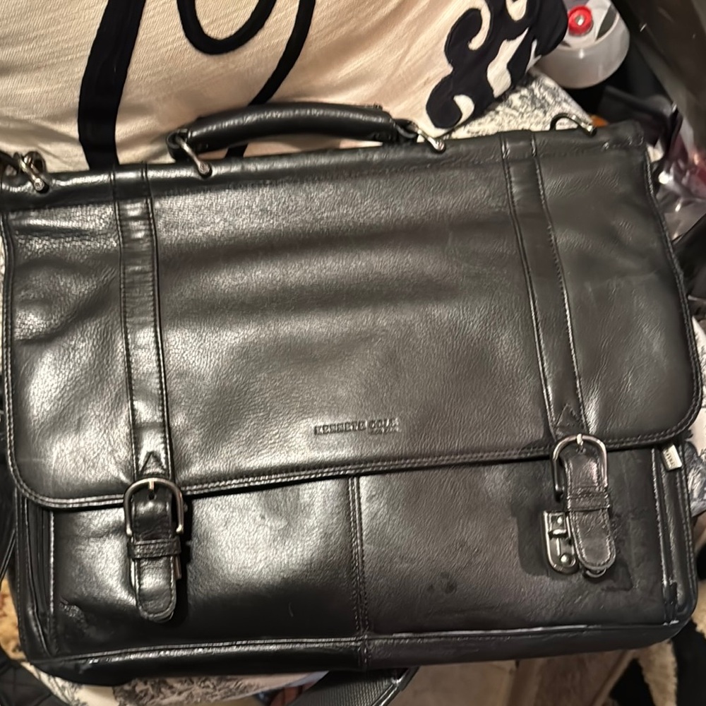 Kenneth Cole Black Leather Briefcase with Silver Hardware